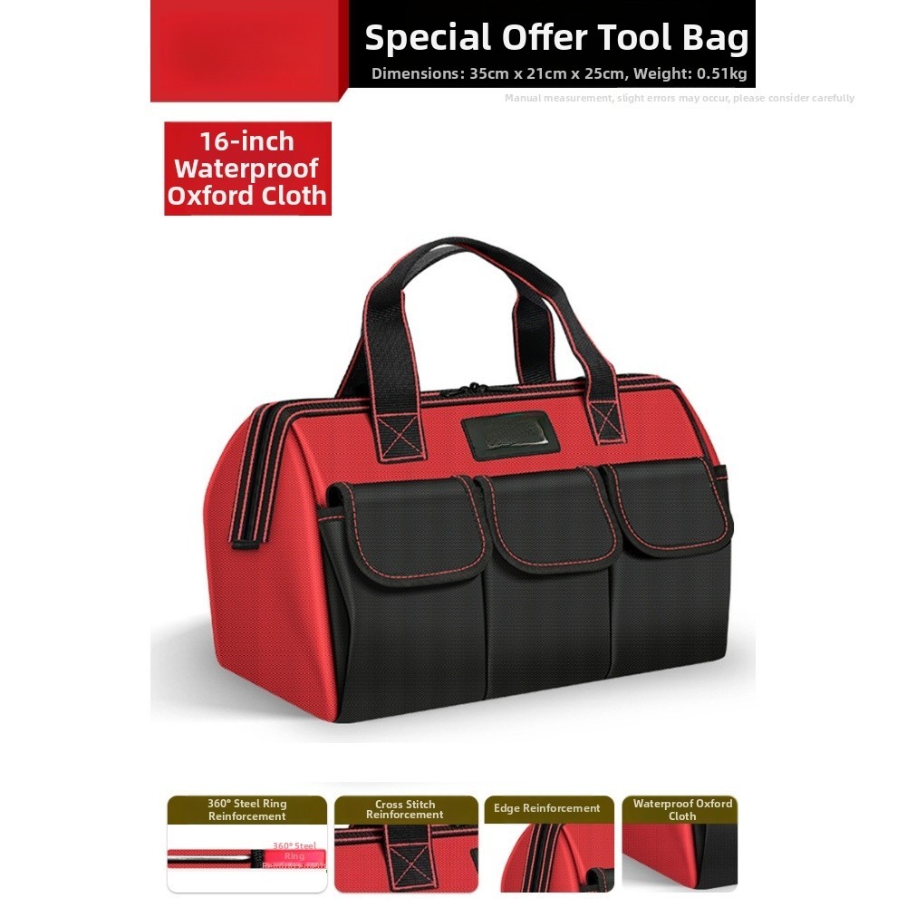 Electrician Tool Bag Red Waterproof Oxford Canvas with Cross Stitching
