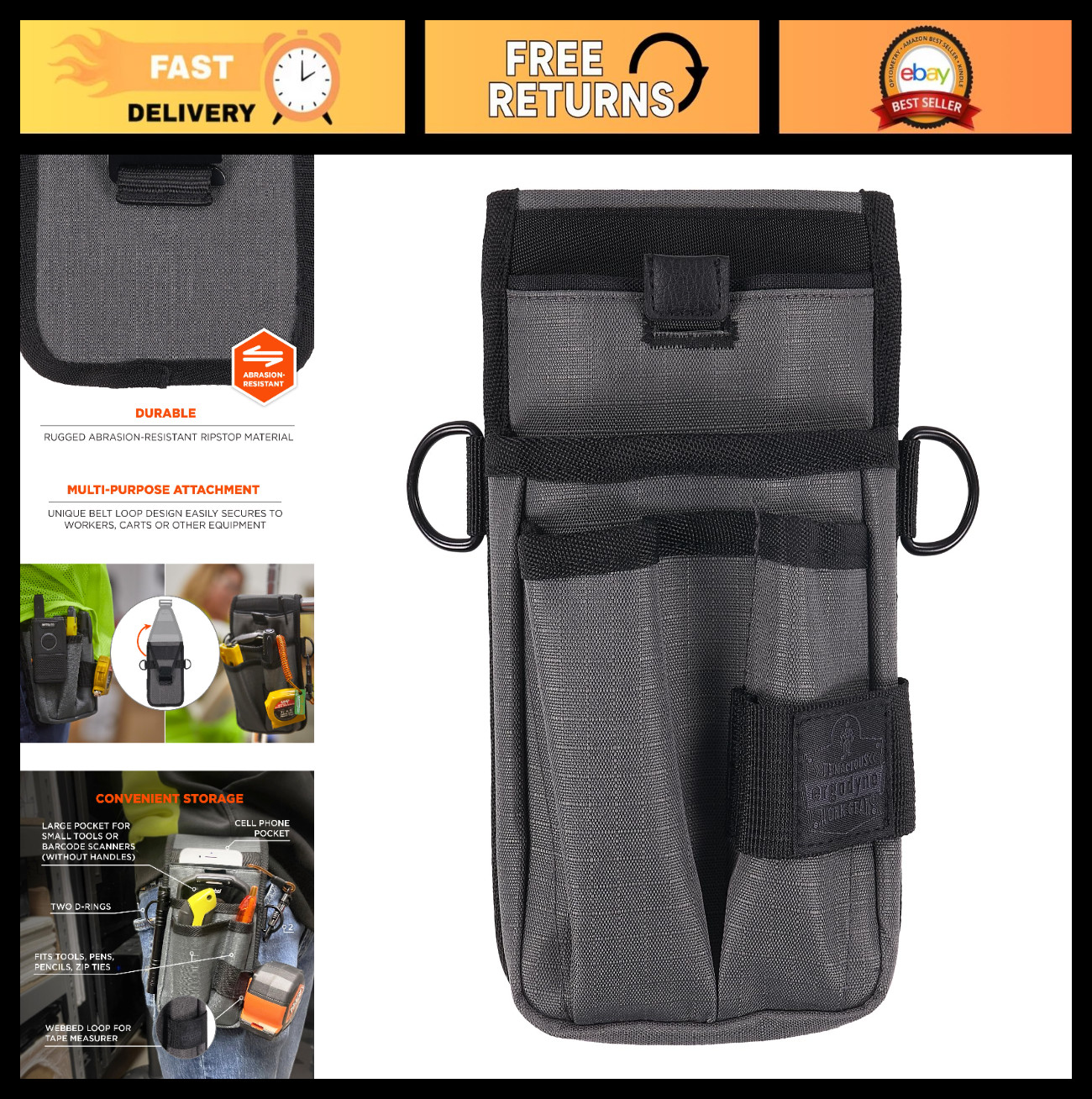 Utility Tool Pouch with Knife Holster, Scanner Holder, Cell Phone Pocket, Belt L