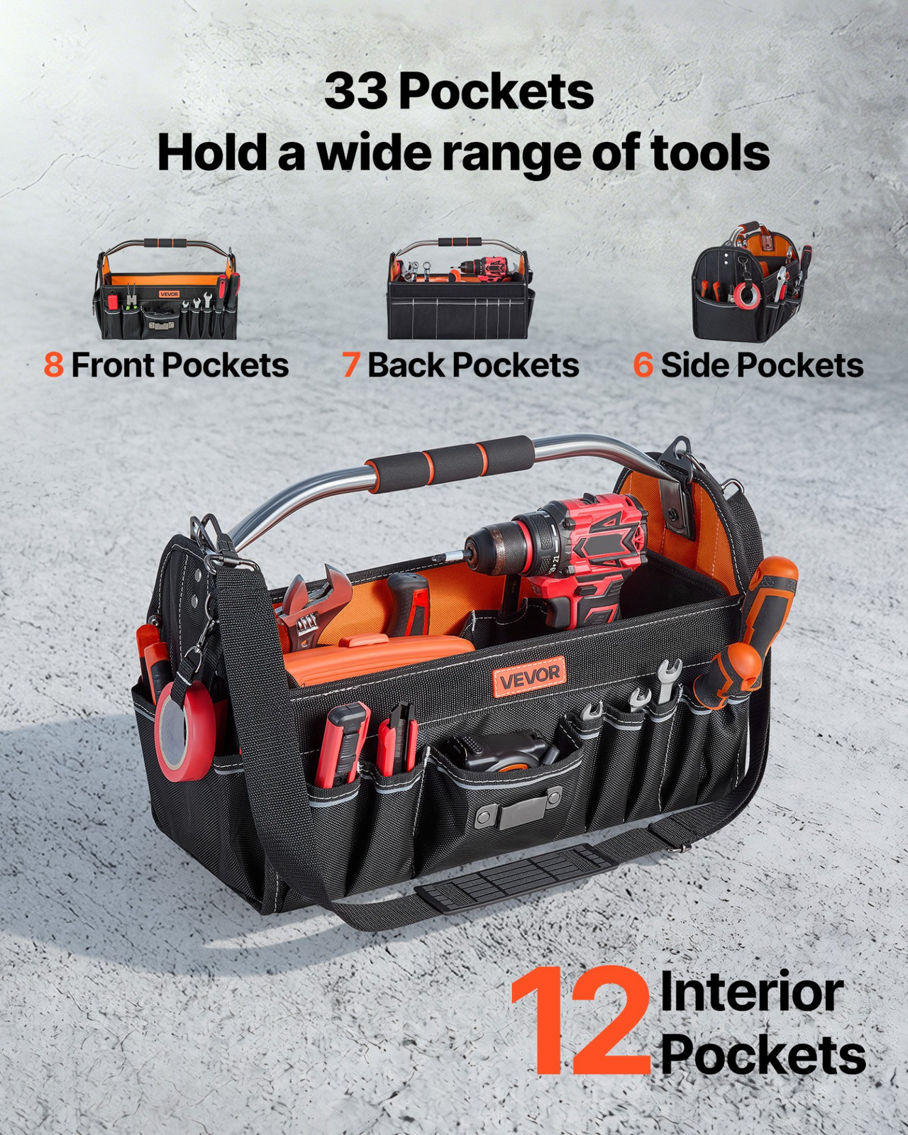 16″ Tool Bag 33 Pocket Open Top Tool Tote Organizer w/ Shoulder Strap