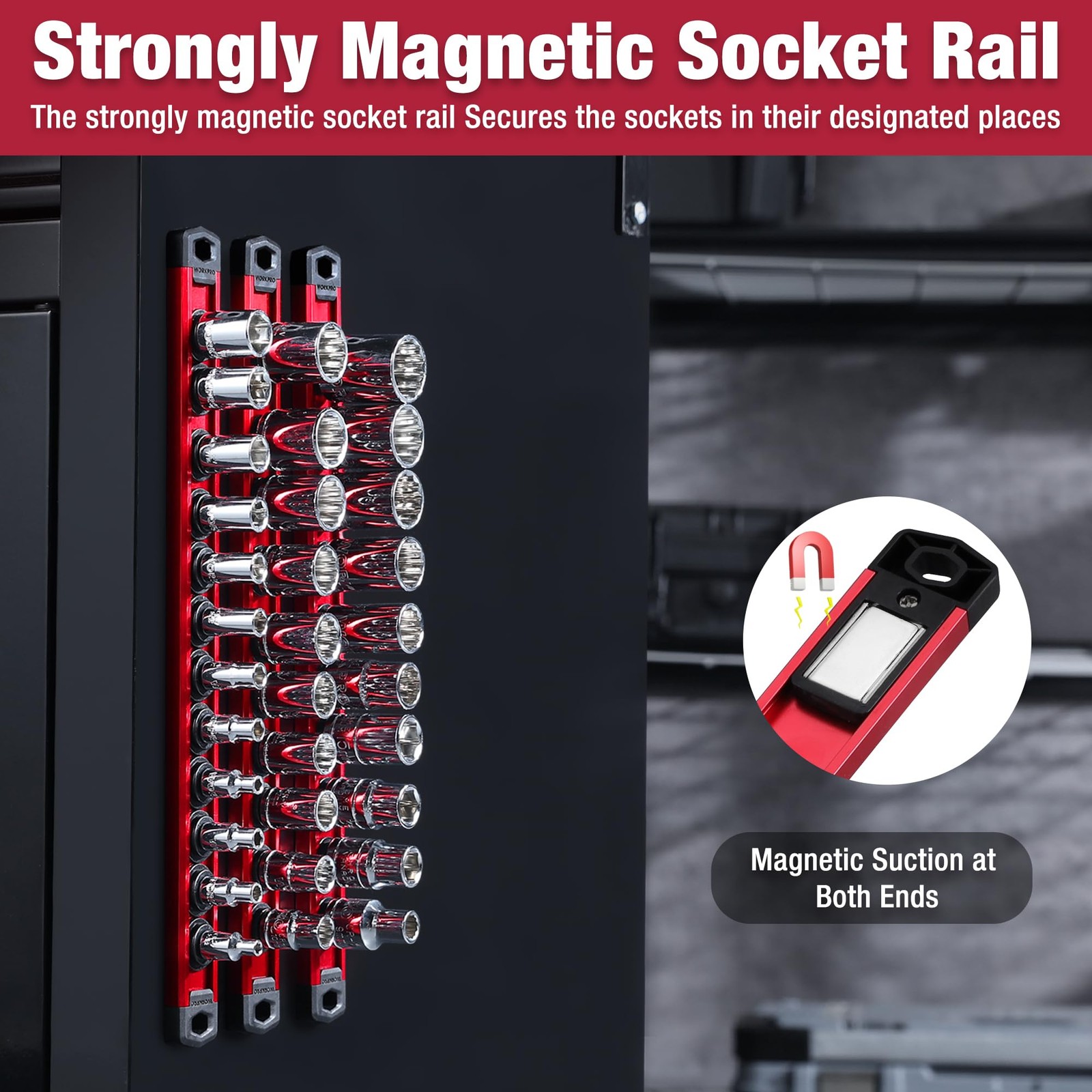 WORKPRO Magnetic Socket Organizer, 1/2-Inch Drive Aluminum Alloy 1/2″ DR, Red