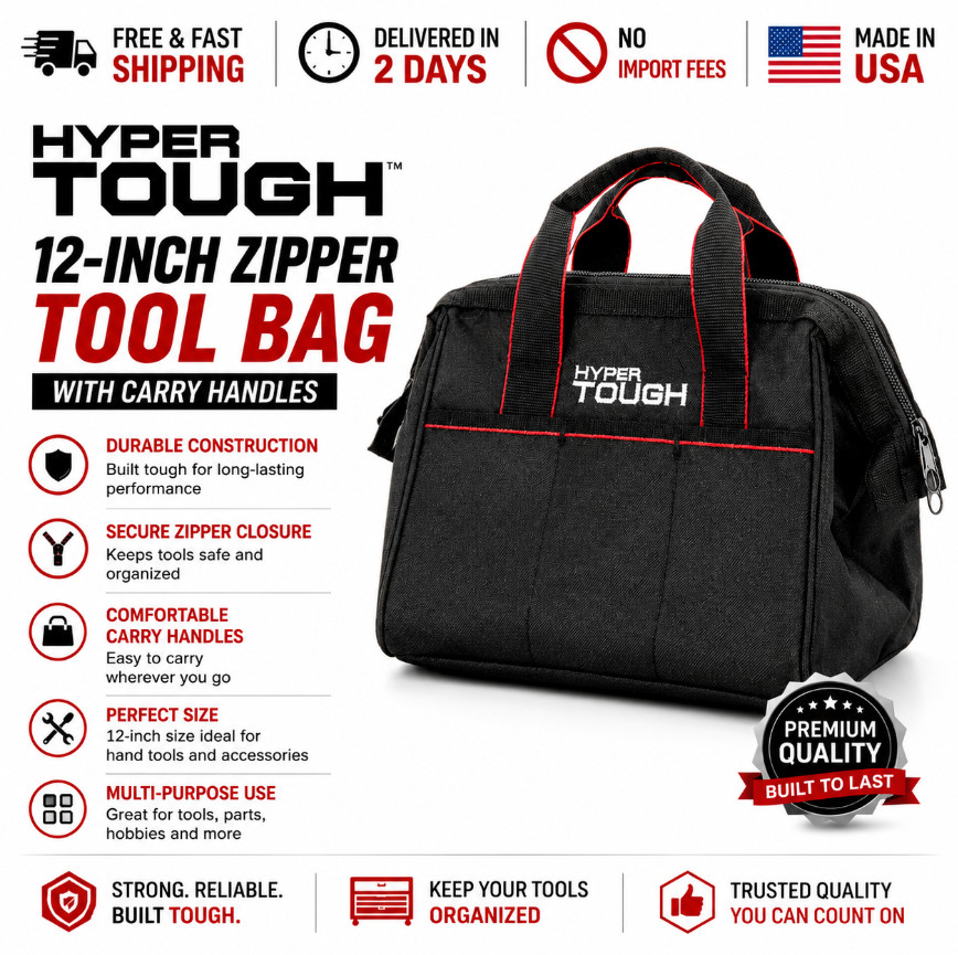 Hyper Tough TT50023Z 12-Inch Zipper Tool Bag with Carry Handles