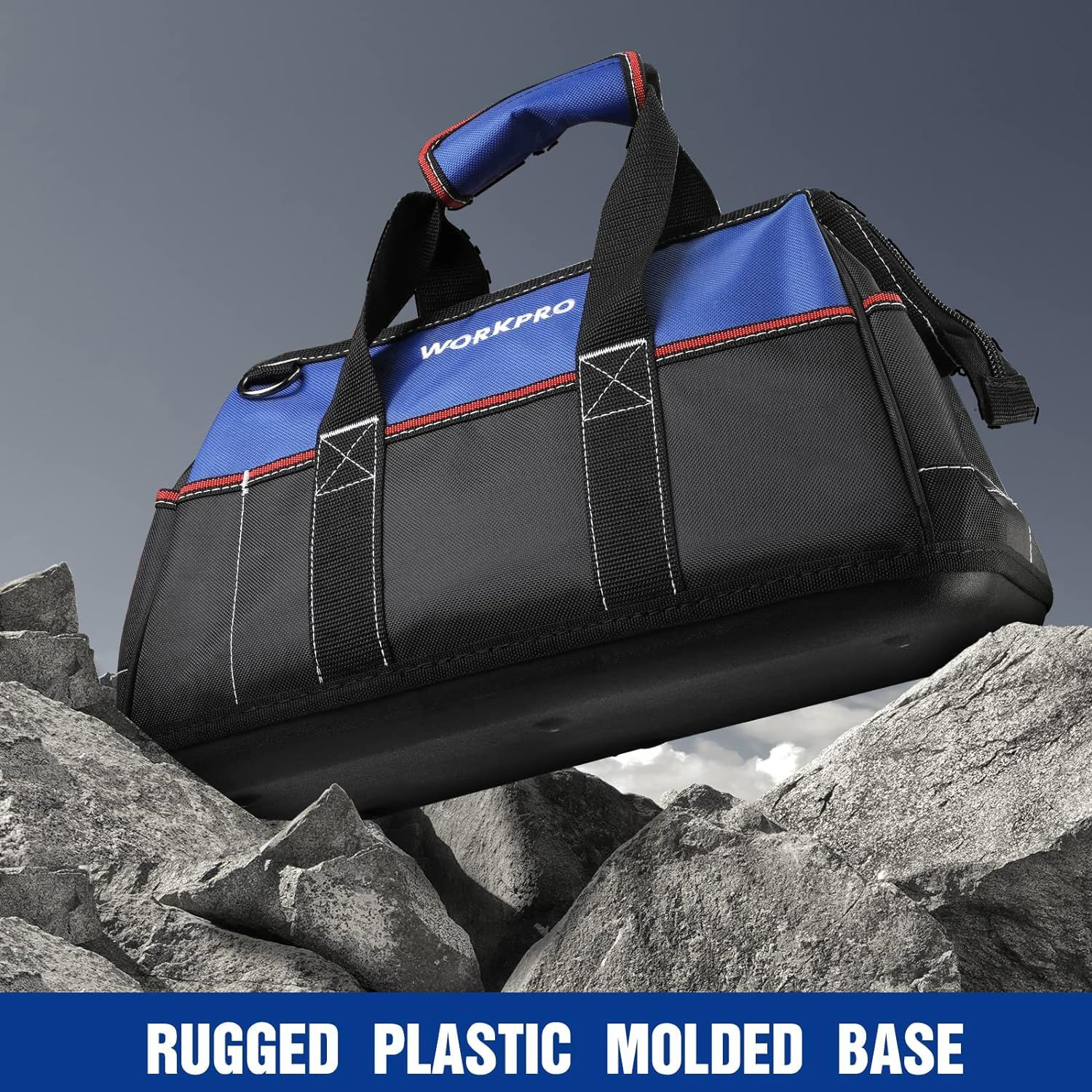 WORKPRO 16-inch Wide Mouth Tool Bag, Heavy Duty Cloth Black, Blue, Red