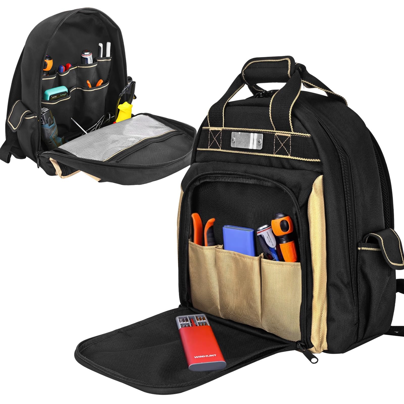 Tool Backpack Multi Pocket Tool Bag with Anti Slip Feet and Reflective Strips…