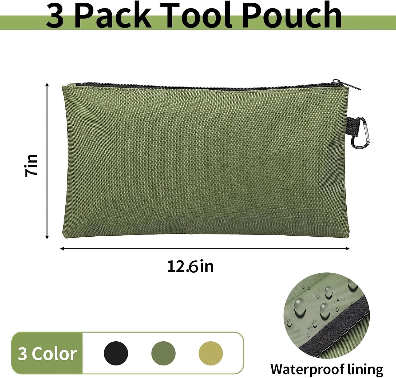 3 Pack Tool Bag Zipper 12.6 x 7 x 0.3 inches, 3 Pack, Tan, Navy Green, Black