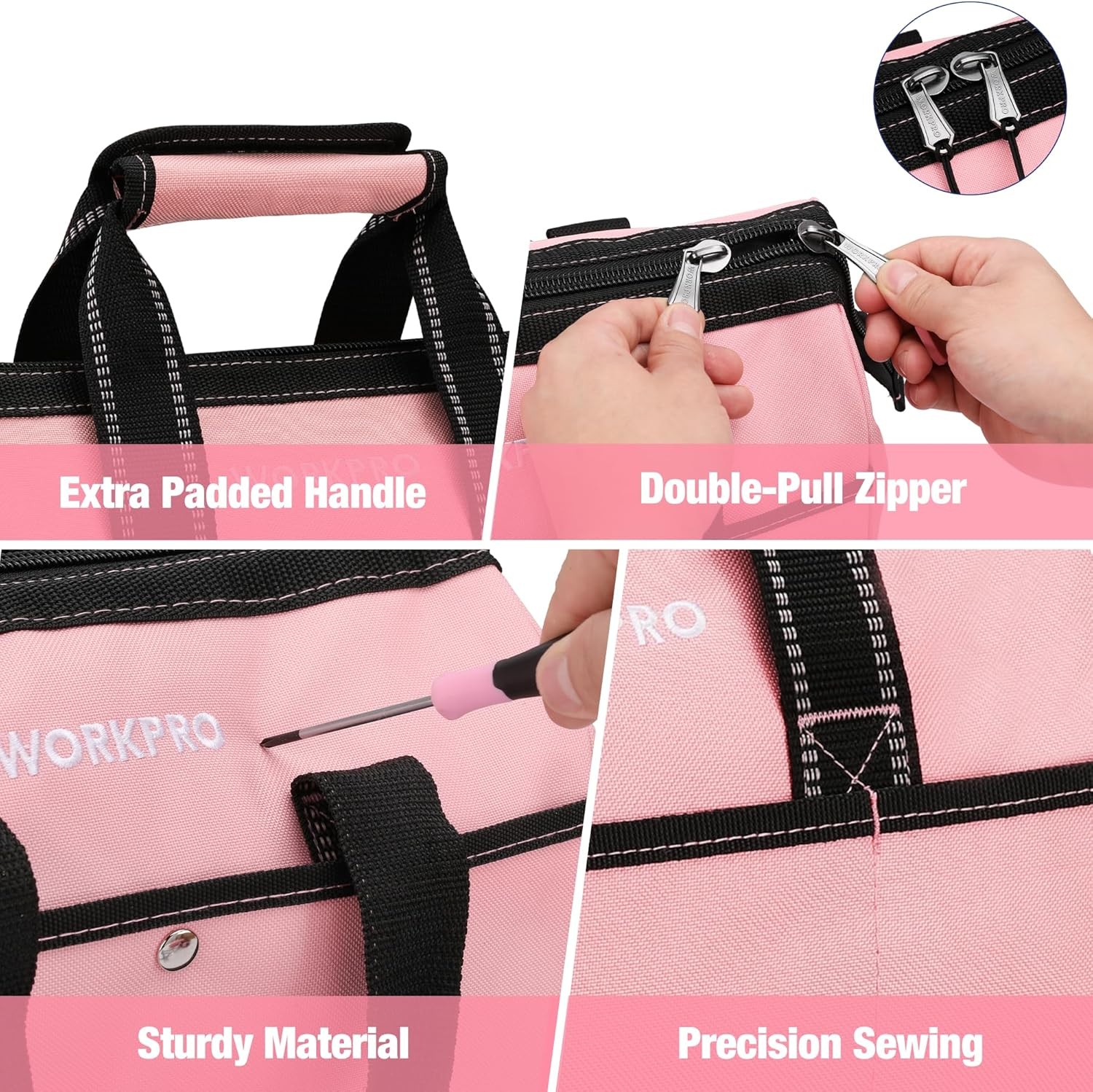 WORKPRO 13-Inch Tool Bag Pink Soft Cloth Tool Storage Bags with Inside Pockets