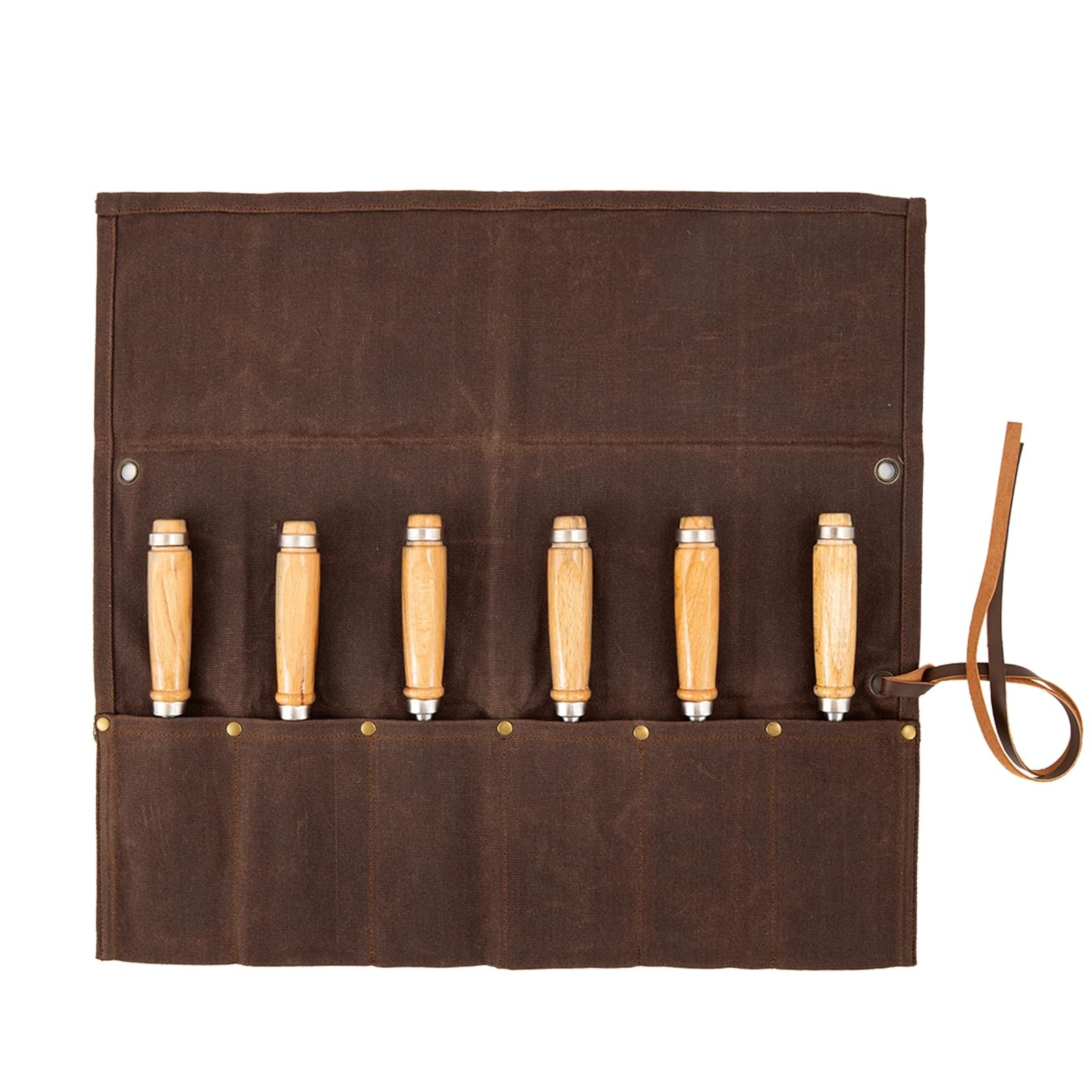 Chisel Roll,6 Pockets Roll Up Tool Pouch,Waxed 18.91″ L x 18.11″ H, brown