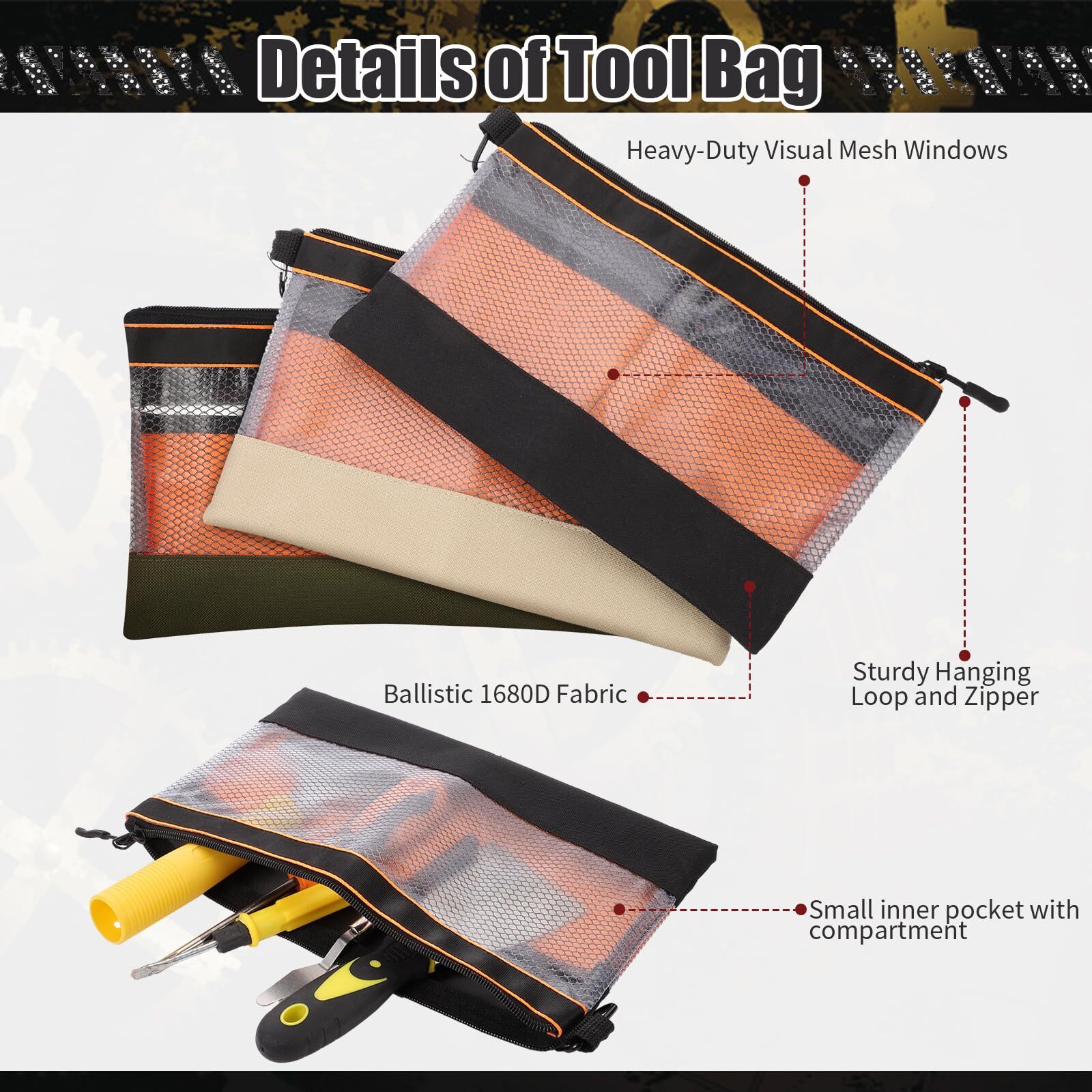 6 Pcs Clear Tool Pouch Tool Pouch Bags Zipper Tool Pouch With Heavy Duty Mesh Wi