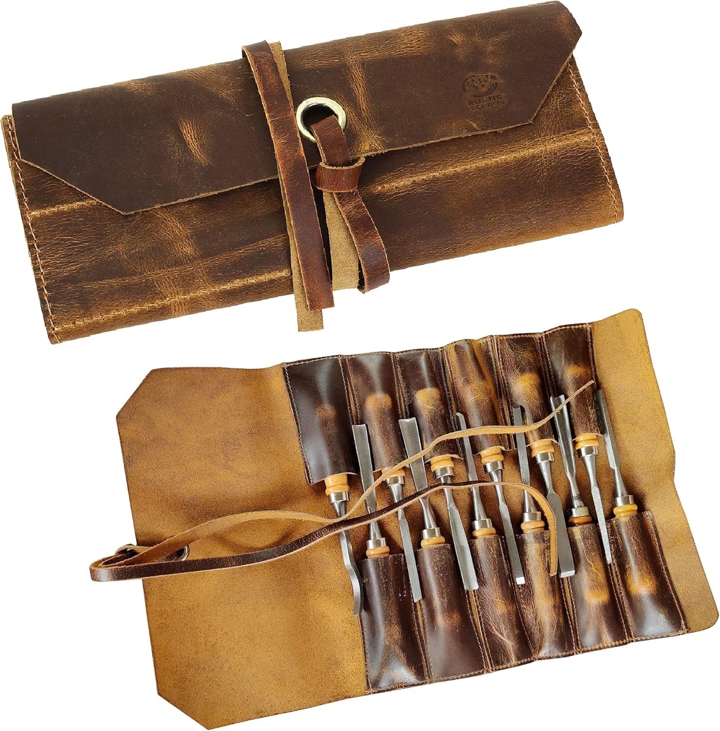 Leather Tool Roll Up Pouch – 12 Slot Wrench Roll/`