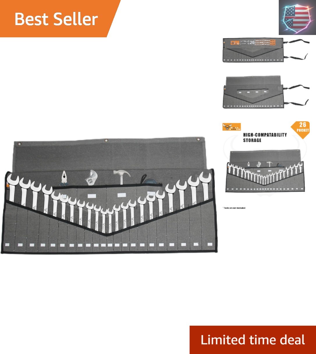 Heavy-Duty 26-Pocket Wrench Tool Roll Organizer, Cotton Duck Canvas Roll-Up T…