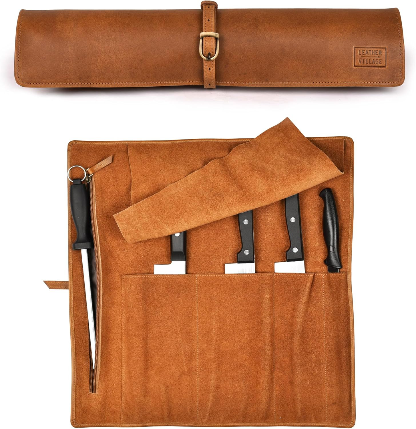 Genuine Leather Knife Roll Bag for Chef Professional – Tan | Durable Sheath Hold