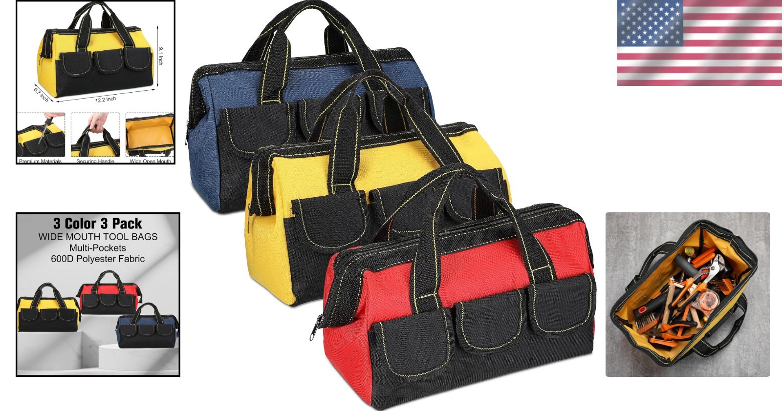 Portable 13 Inch Multi-Colored Tool Bag Set with Hard Bottom – Waterproof Design