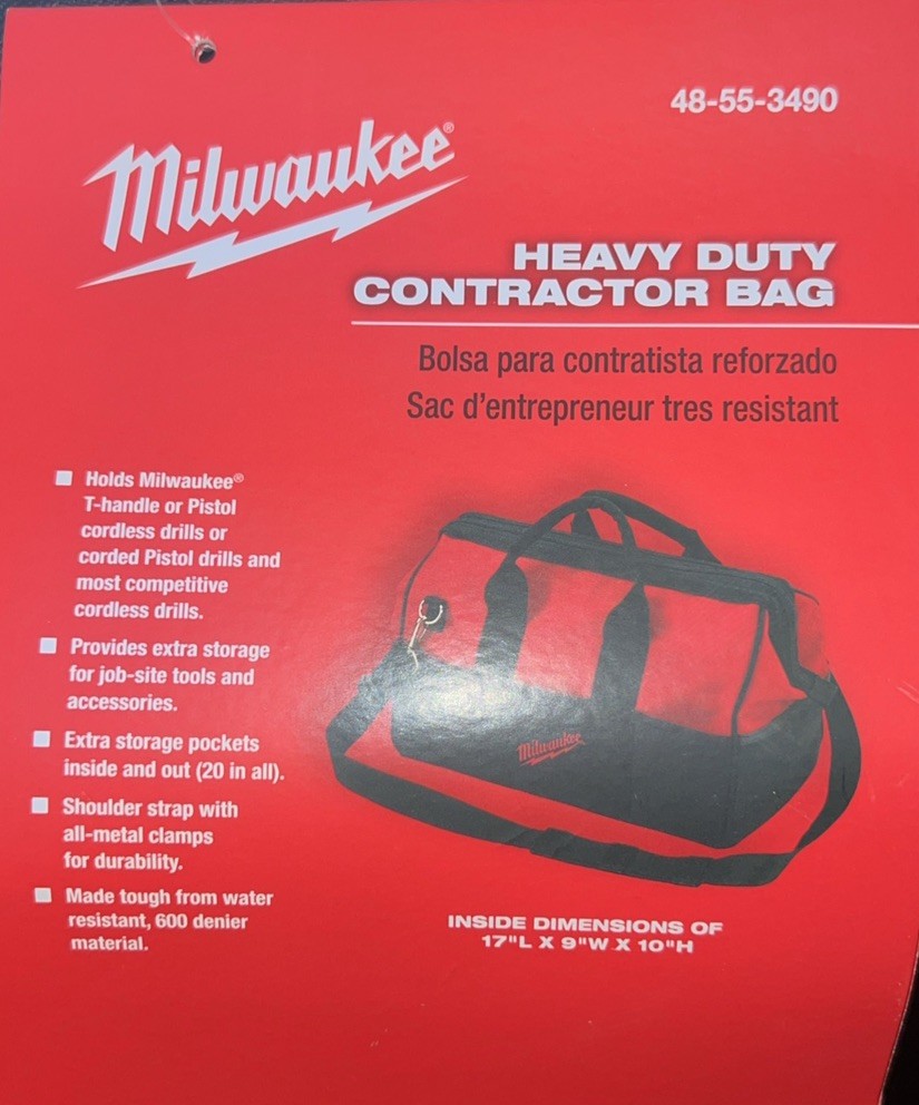 Milwaukee Heavy Duty Contractor Bag Fisk Safety First 48-55-3490. *17”Lx9”Wx10”H