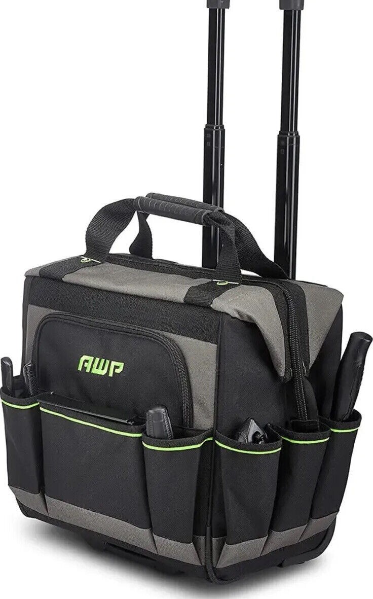 Rolling Tool Bag with Telescoping Rubber Handle and Black/Green – AWP