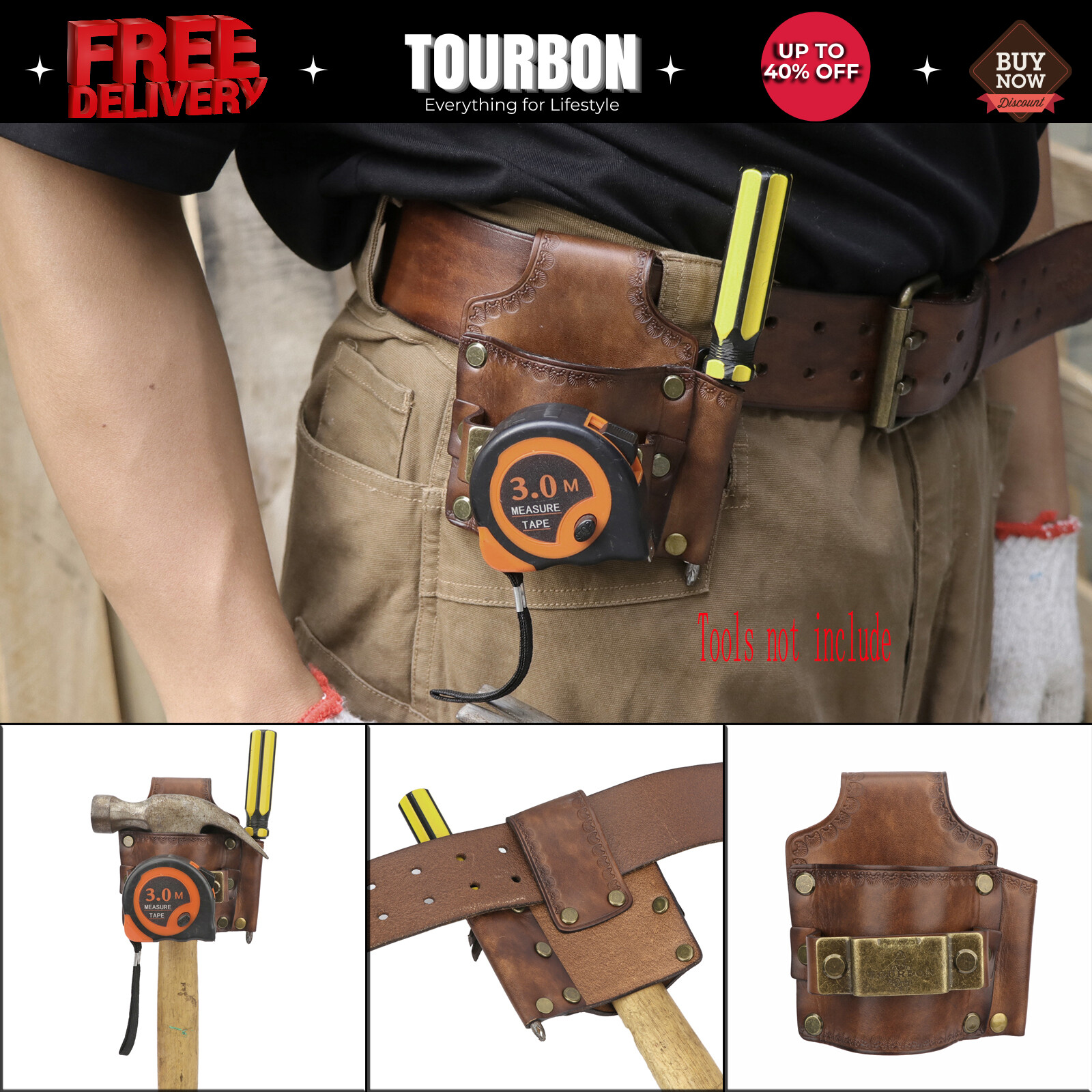 TOURBON Genuine Leather Tools Belt Pouch Hammer Holster Tape Measure EDC Holder