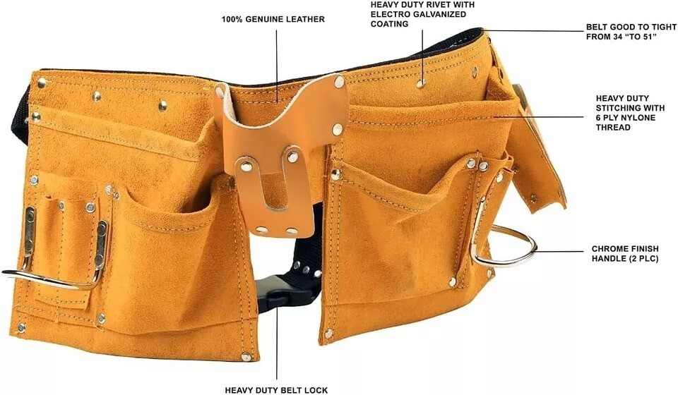 Leather Tool Belt 11 Pockets with Quick Release Buckle Carpenter Construction