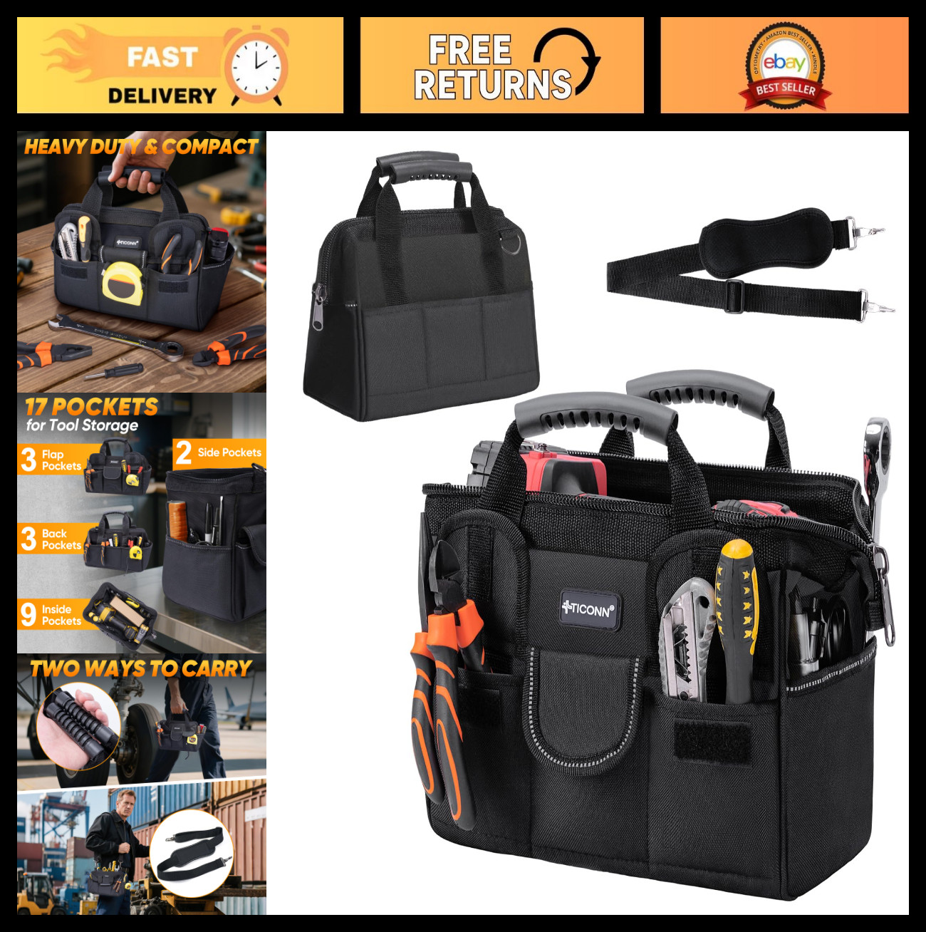 Heavy Duty Tool Bag Organizer with Multi-Pockets, Portable Storage Tote, Adjusta