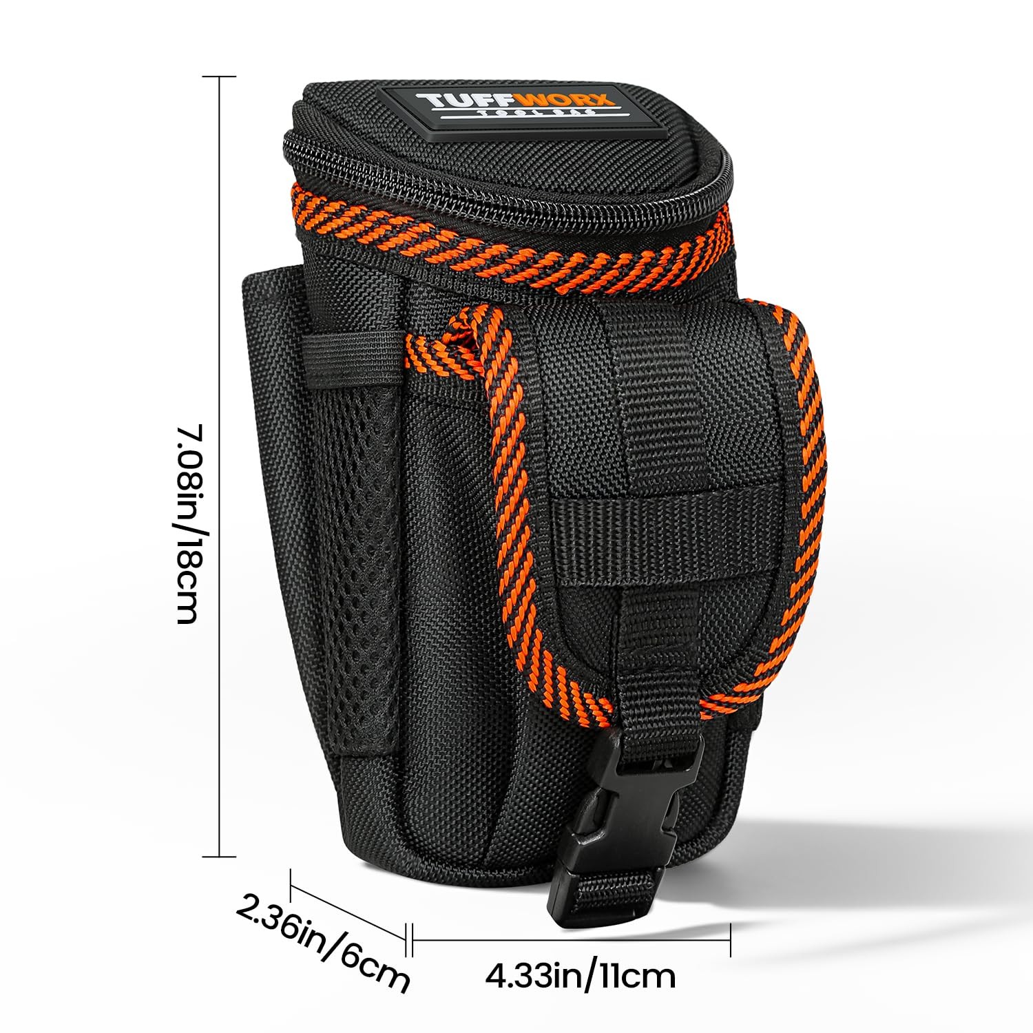 Tool Belt Pouch, Heavy Duty Utility Holder with Mesh Pocket, Black and Orange