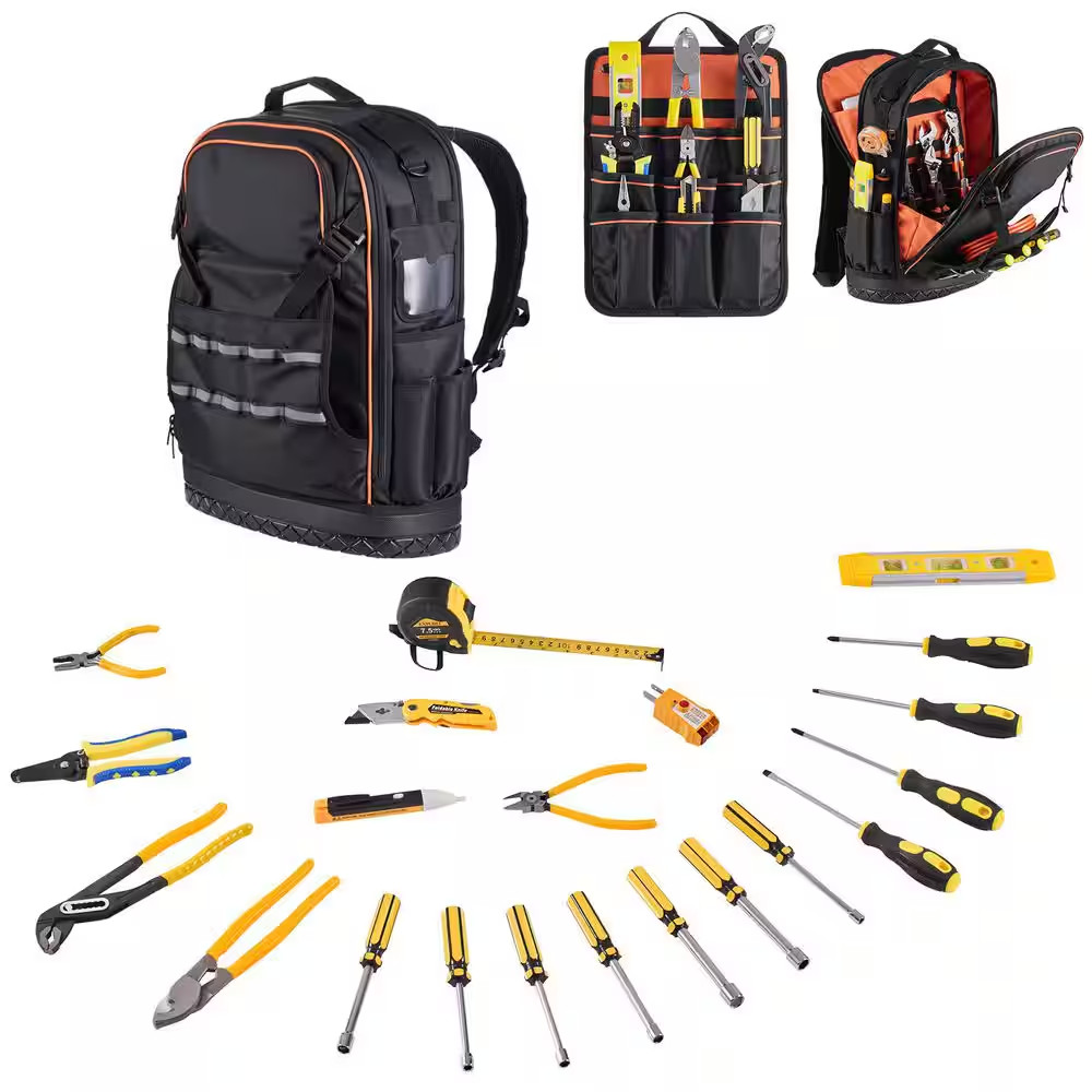 Tool Backpack with Tools, 65 Pockets, Heavy-Duty Tools Storage Organizer Bags wi