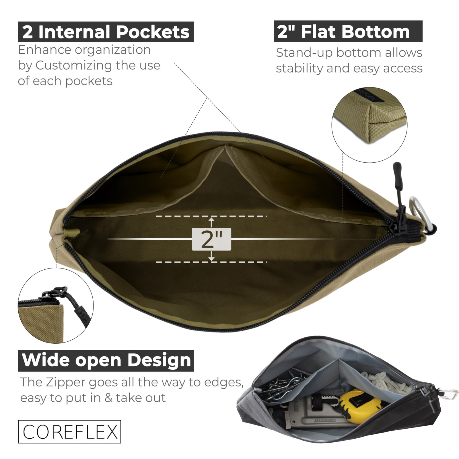 2 Pack Premium Tool Pouch Zipper Bag with Internal Pockets – Tan, Olive