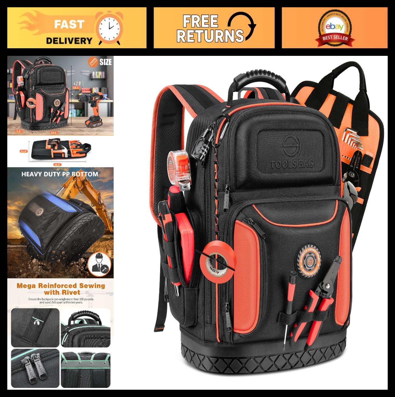 Durable Electrician Tool Backpack Bag, Heavy Duty Organizer with Waterproof Base