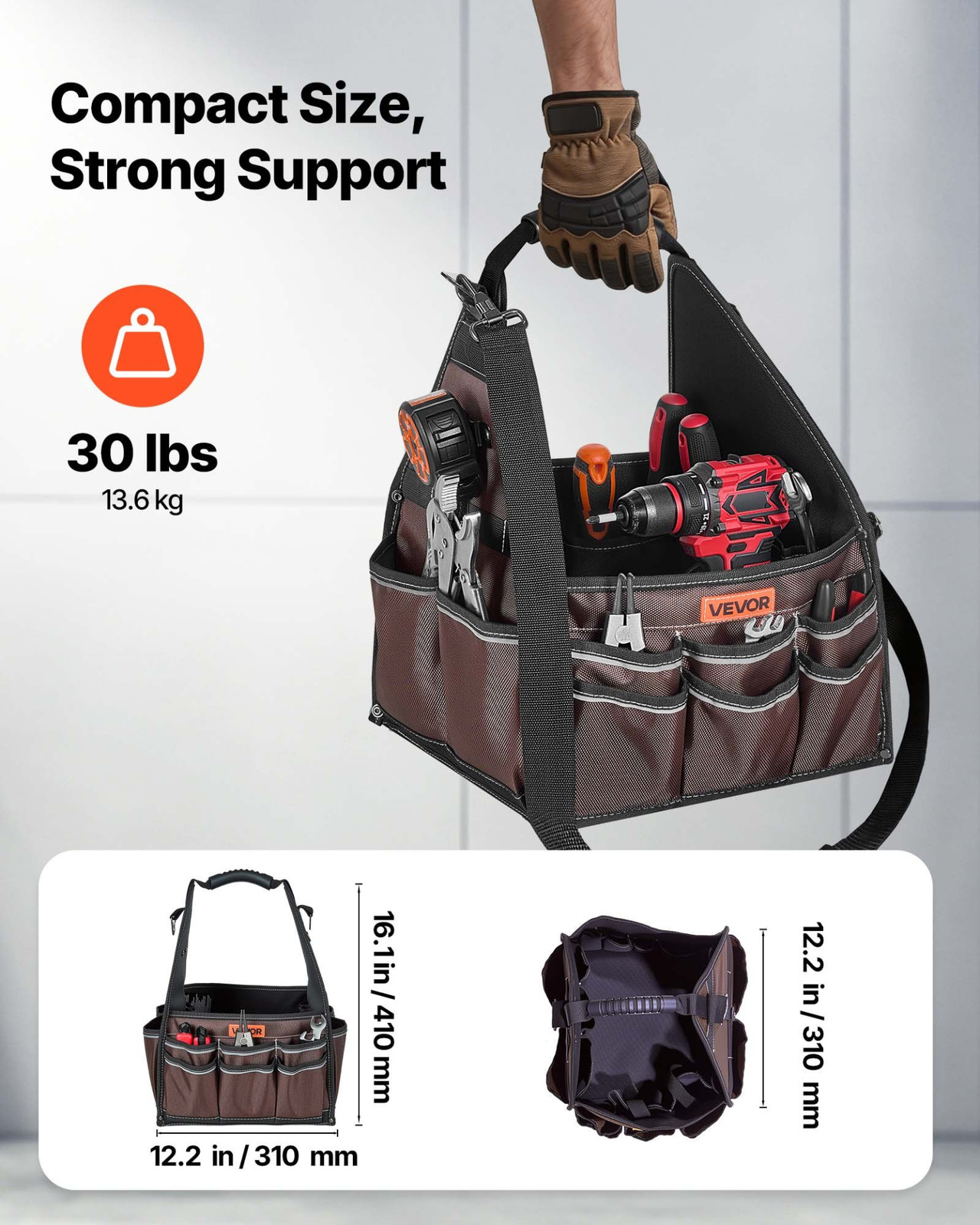 13″ Tool Bag 45 Pocket Open Top Tool Tote Organizer w/ Shoulder Strap