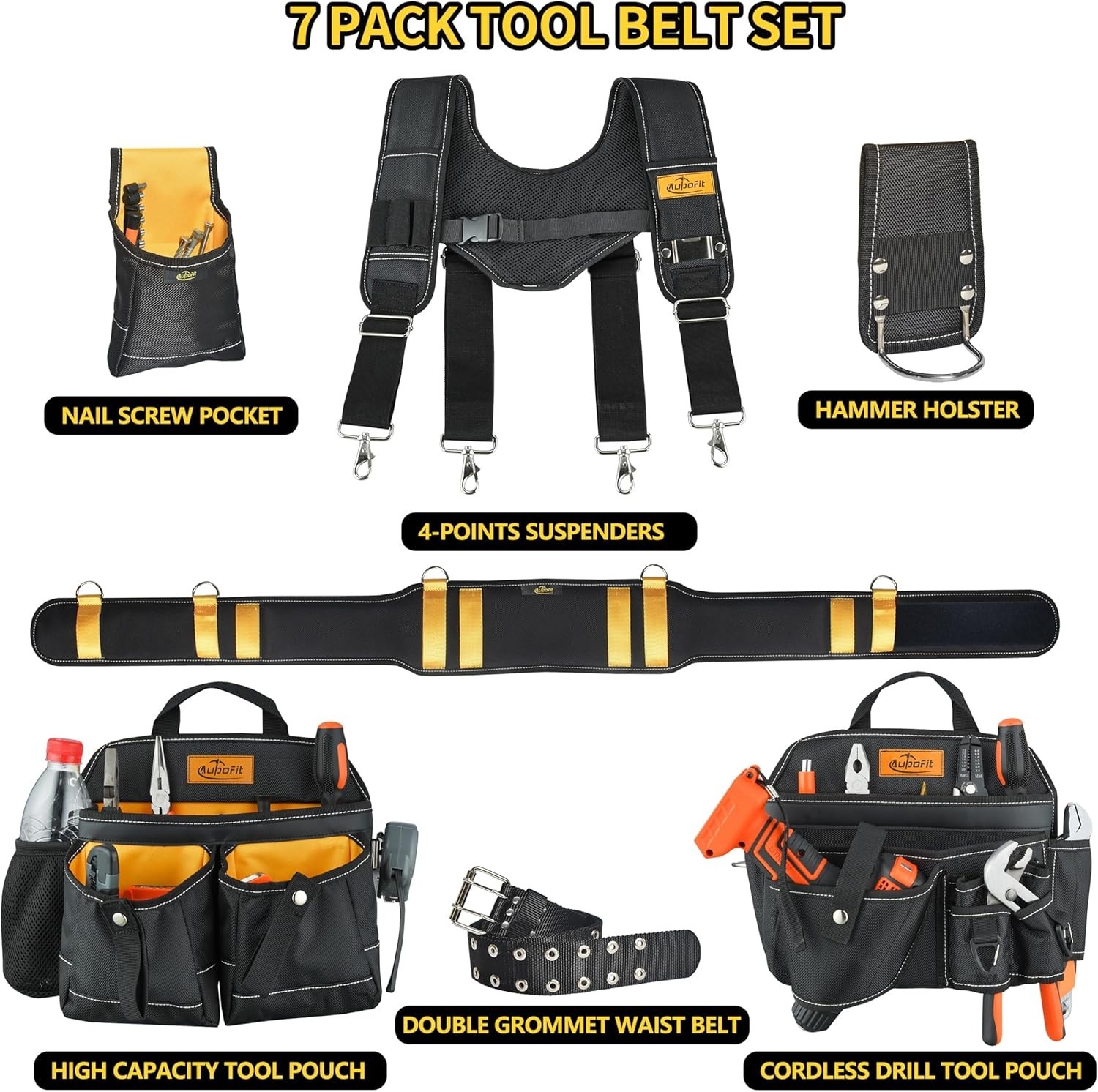 New 7Pc Tool Belt with Suspenders 32 Pocket Carpenter Electrician Rig