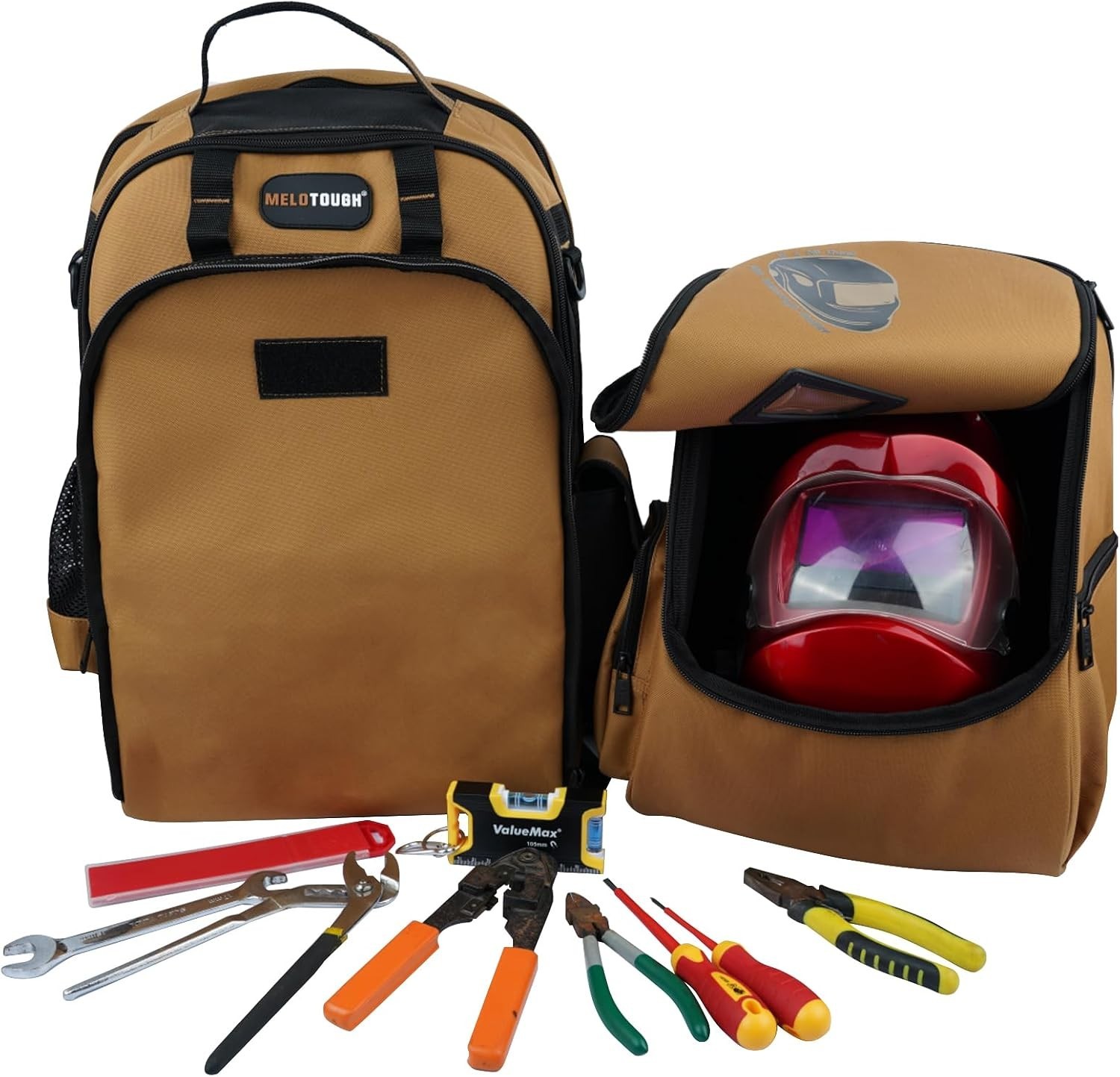 Military-Grade Welding Tool Backpack with Large Capacity Helmet Bag in Brown