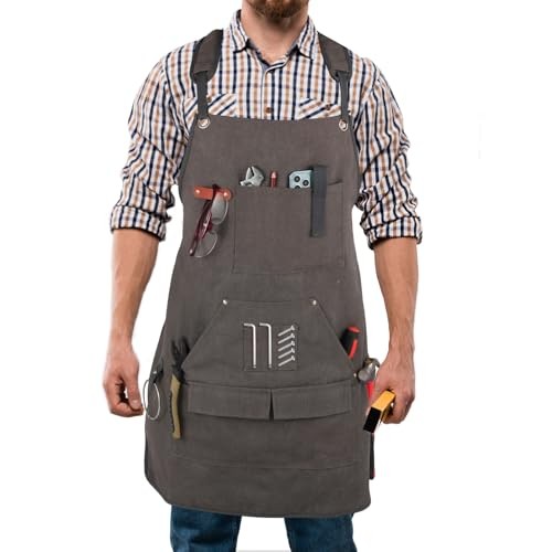 Men’s Canvas Tool Apron, Heavy Duty Multi-Pocket Work Apron for Grey