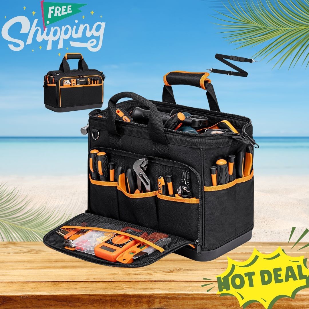 17in Electrician Tool Bag 26 Pocket Waterproof Hard Bottom Shoulder Strap Organi