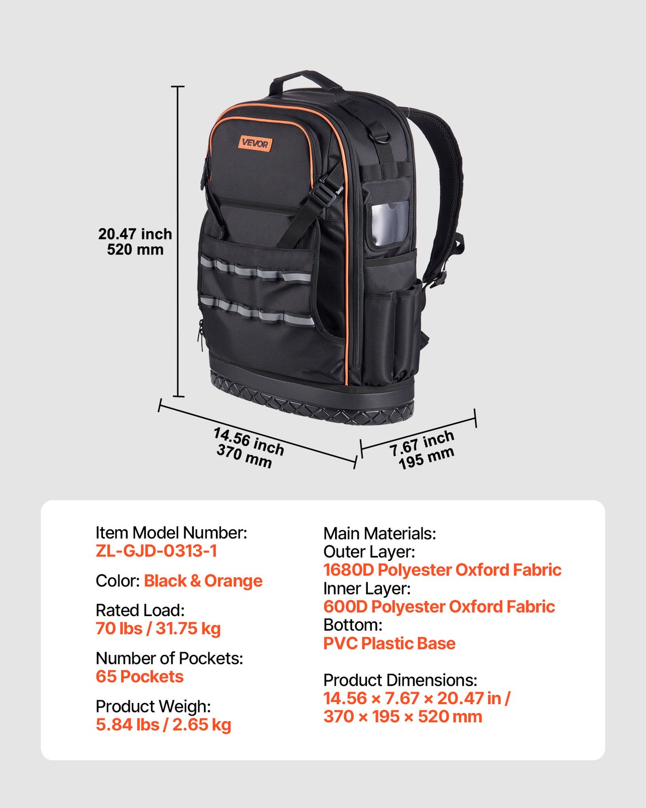 VEVOR Tool Backpack 65 Pockets Tear-resistant Jobsite Backpack for Electrician