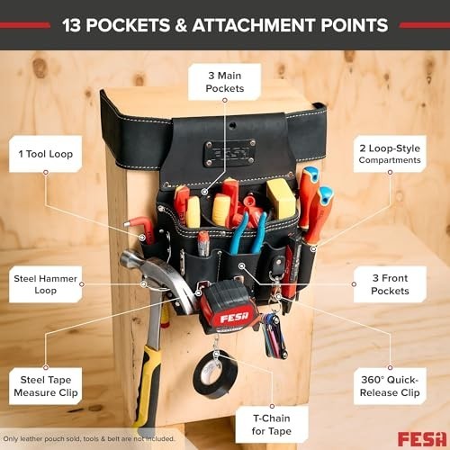 13-in-1 Leather Electrician Tool Pouch w/ Hammer Loop, Tape Measure Clip & 6 Poc
