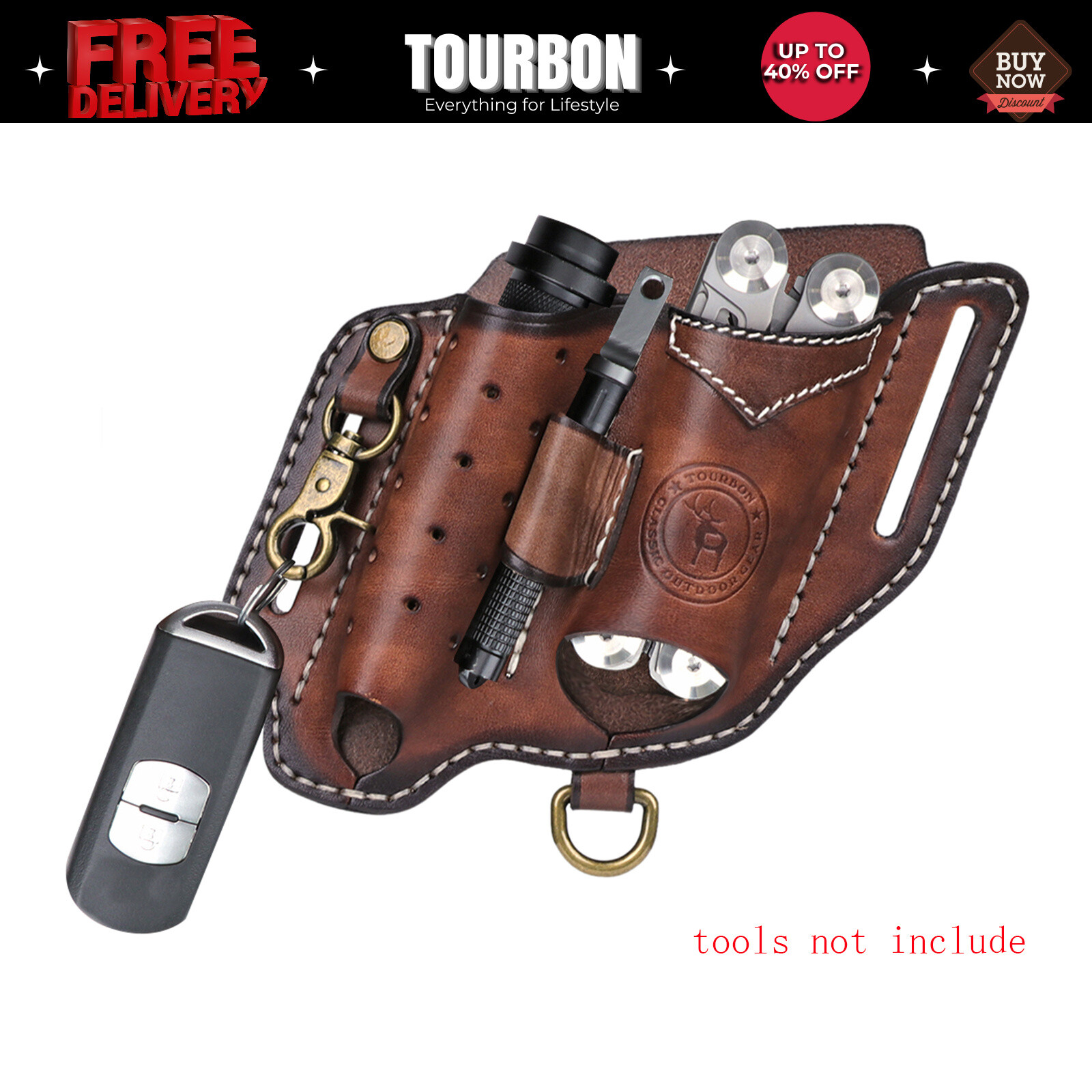 TOURBON Leather Multitools Organizer Flashlight Holder Pen Belt Holster EDC Case