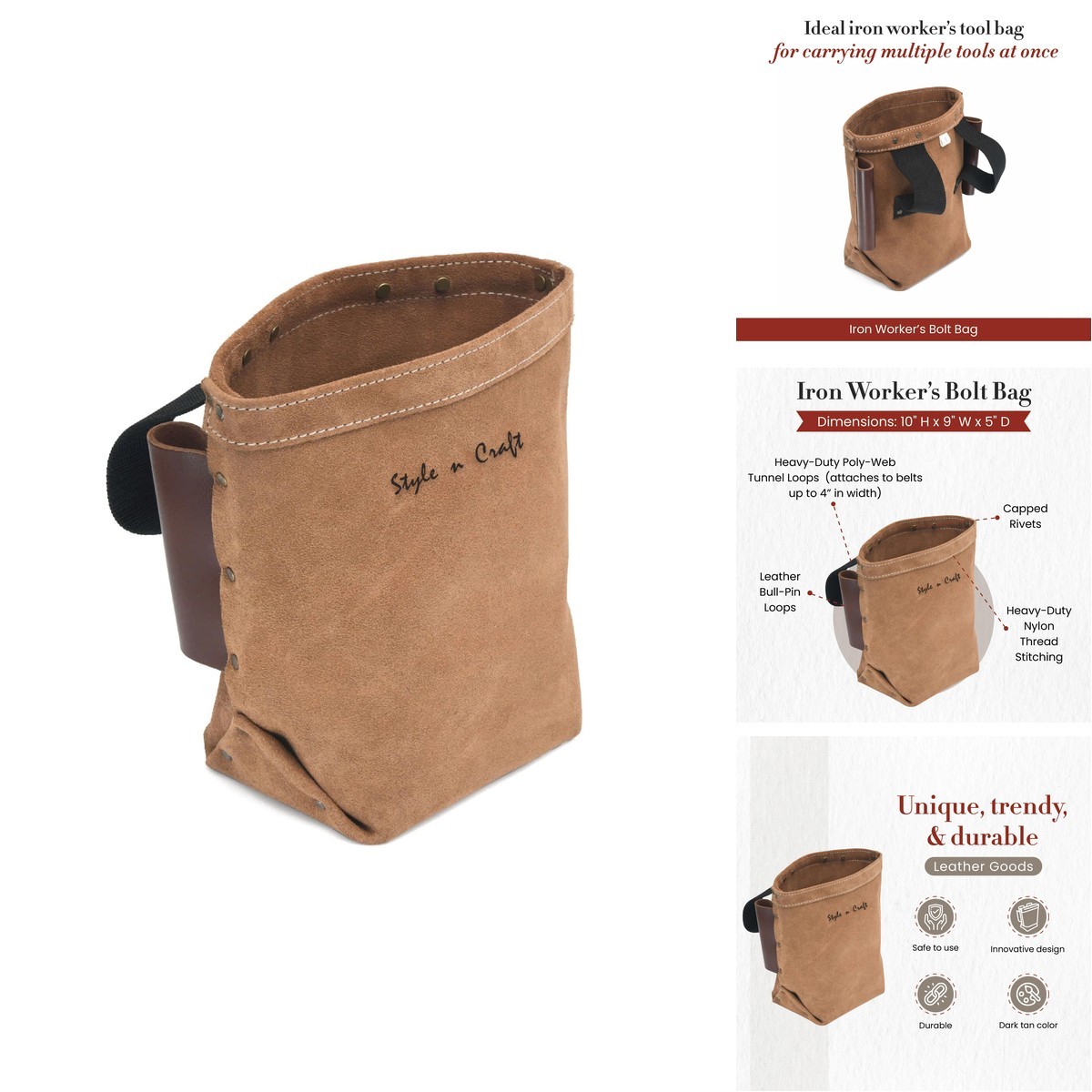Style N Craft Iron Workers Bolt Bag Double Bull Pin Leather Loops Heavy-Duty