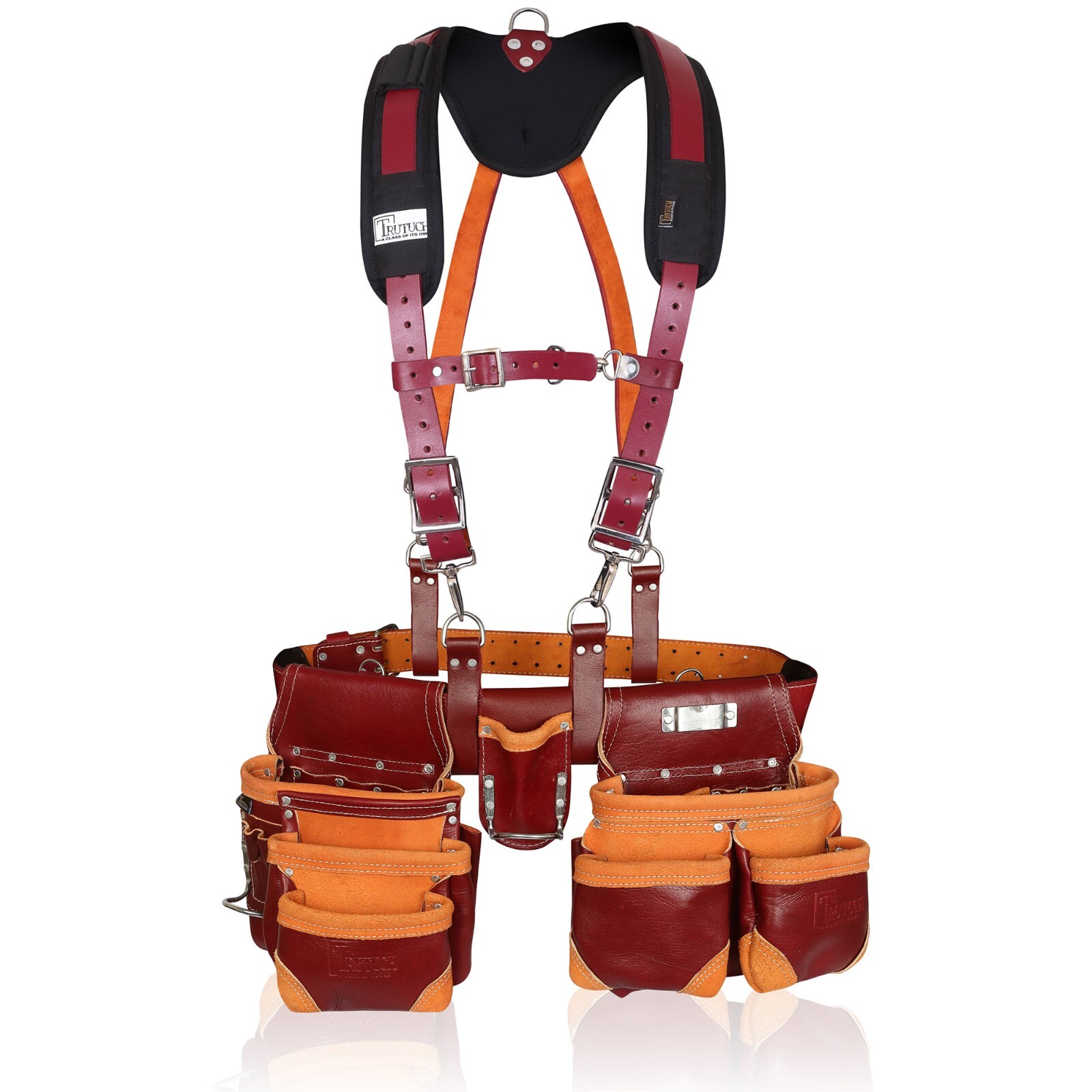 Trutuch Maroon Leather Tool Belt with Suspender | 18 Pockets | Framers Tool Belt