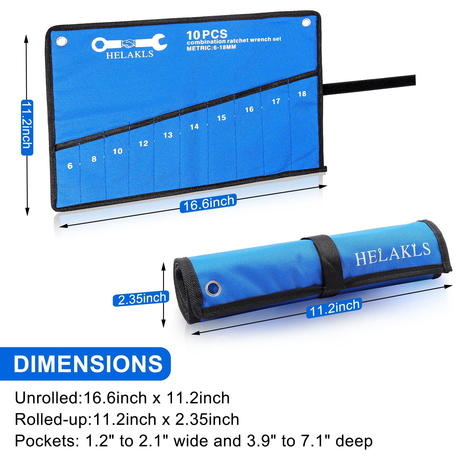 2 Pieces(10 Pockets SAE+ 10 Pockets Metric) Wrench Tool Roll Up Pouch Utility