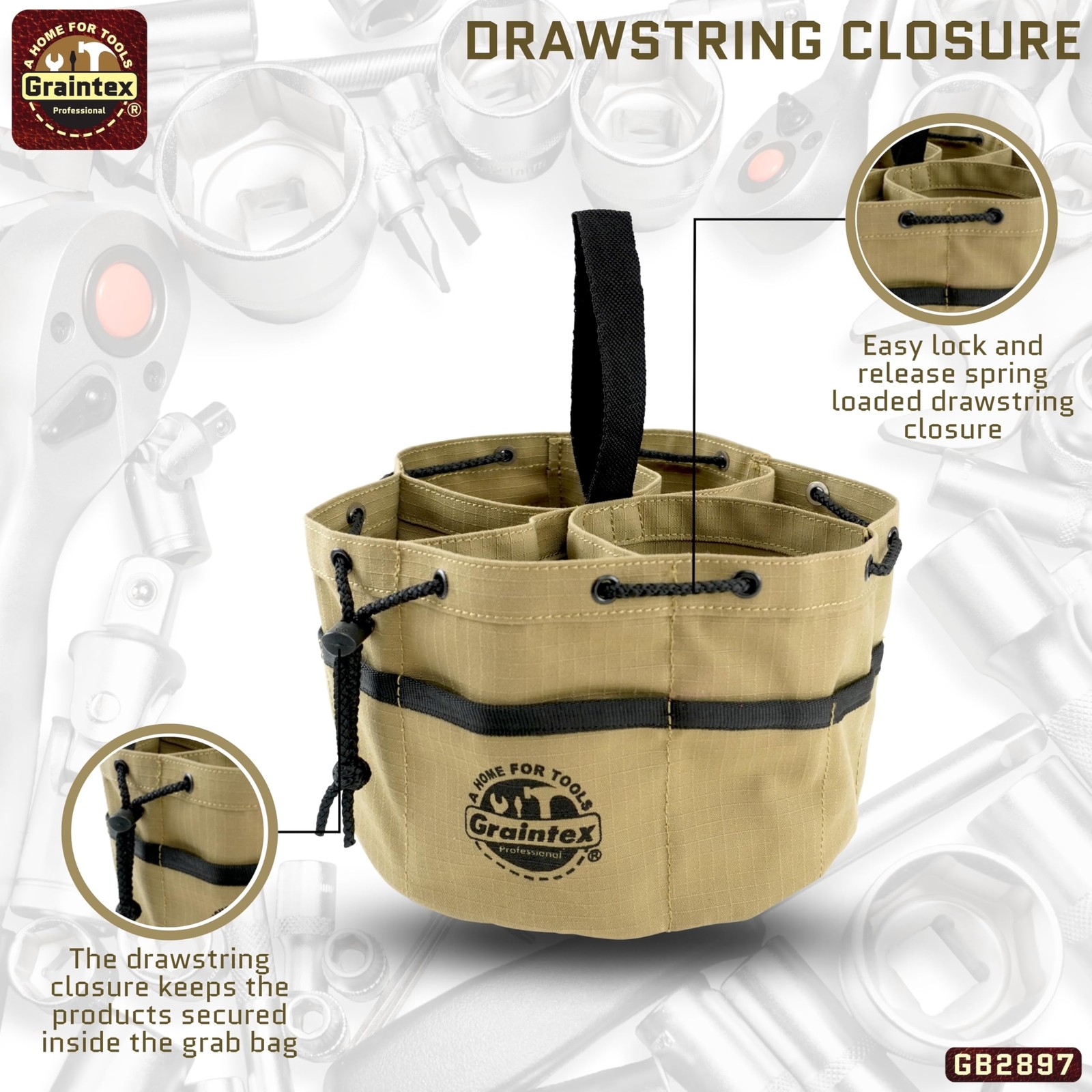 Graintex 18 Pockets Grab Bag Rip-stop Canvas Drawstring Mid Size, Khaki