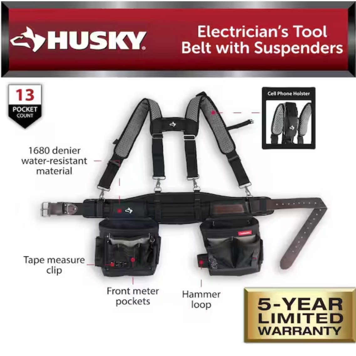 Husky Electricians 2-Bag Heavy Duty Work Tool Storage Belt with Suspenders