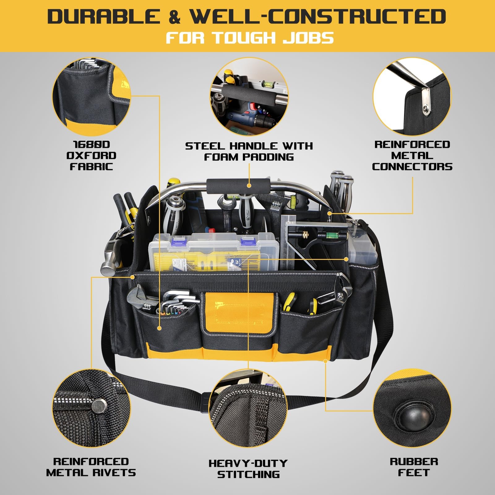 18 Inch Open Top Tool Bag, Tool Bags for Men with 30 Pockets, 1680D Waterproo…