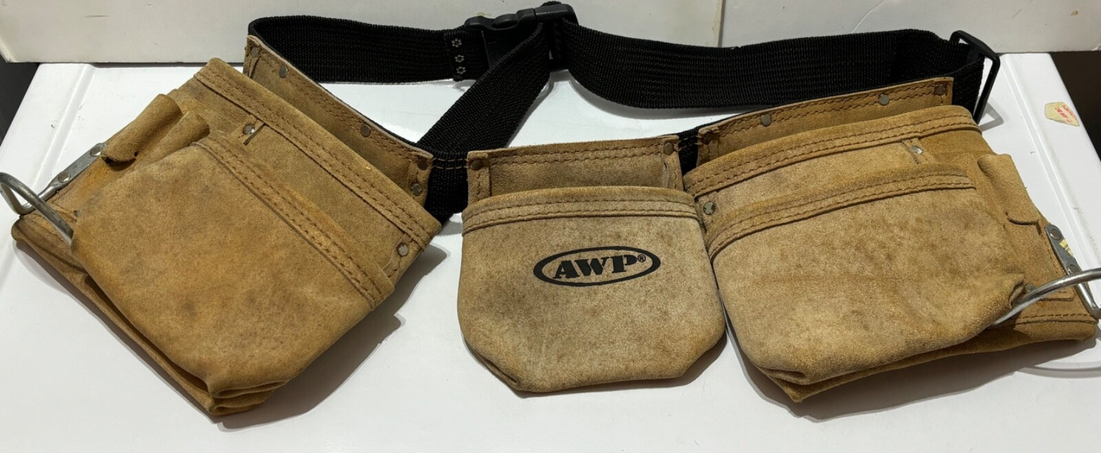 AWP L-490 Suede Leather Carpenters Tool Belt With Pouches & 2 Metal Hammer Loops