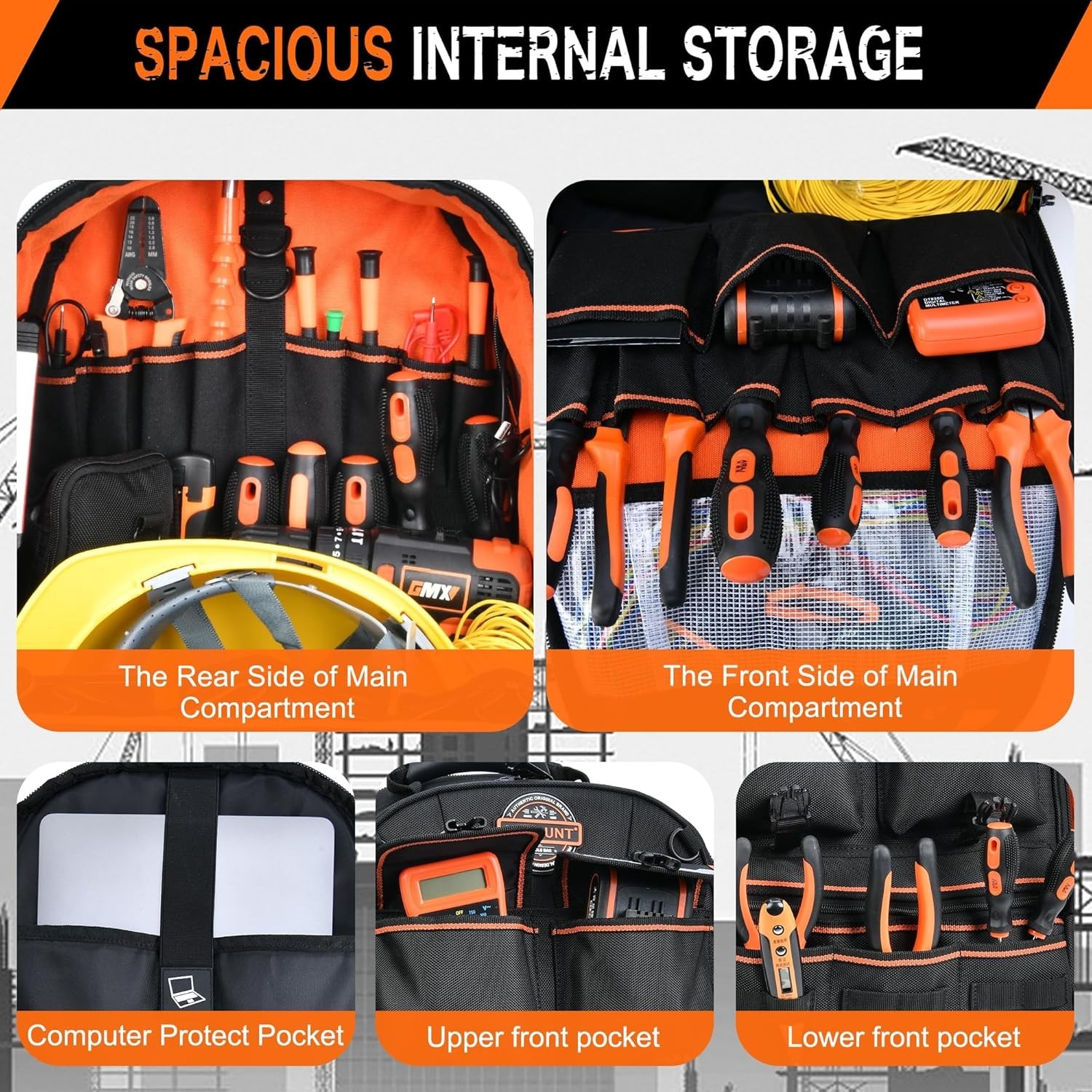Durable Electrician Tool Backpack: 56 Pocket Organizer with Comfort Features
