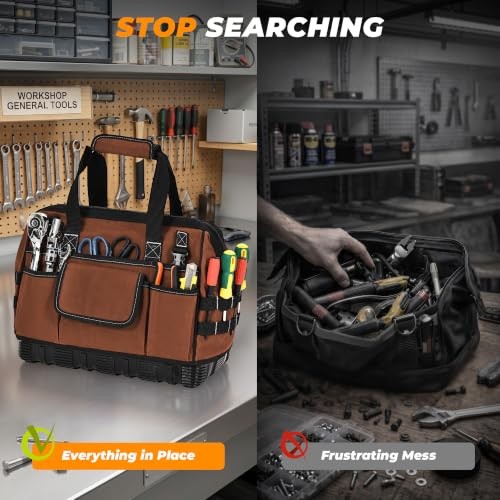 Heavy Duty Canvas Tool Bag, Wide Mouth Tool Tote Organizer with Standard Brown