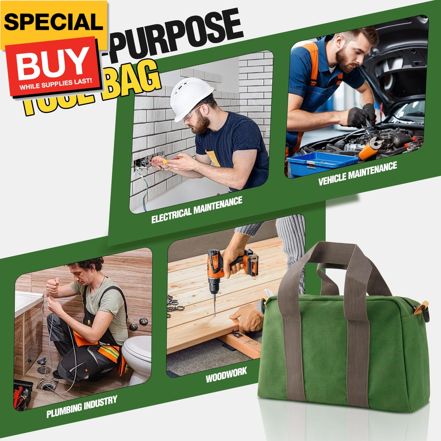 13 Inch Small Tool Bag, Canvas Tool Storage Bag, Large Capacity Multipurpose Zip