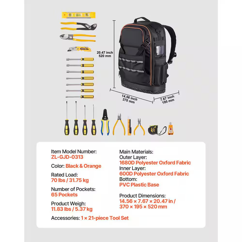 Tool Backpack with Tools, 65 Pockets, Heavy-Duty Tools Storage Organizer Bags wi