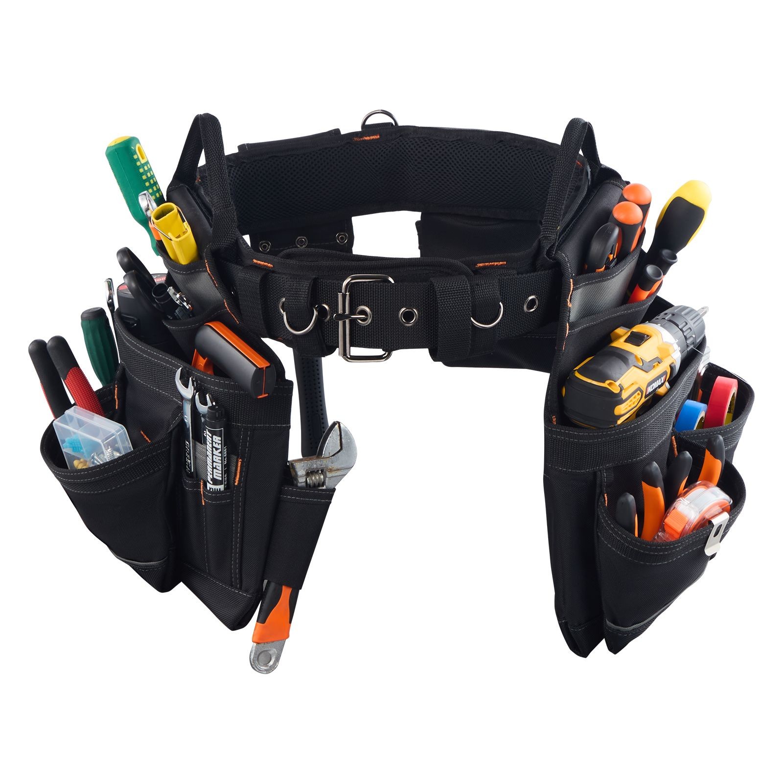 Carpenter Tool Belt: 18 Pockets, 600D Fabric, Ergo Waist, Fits 31-51in