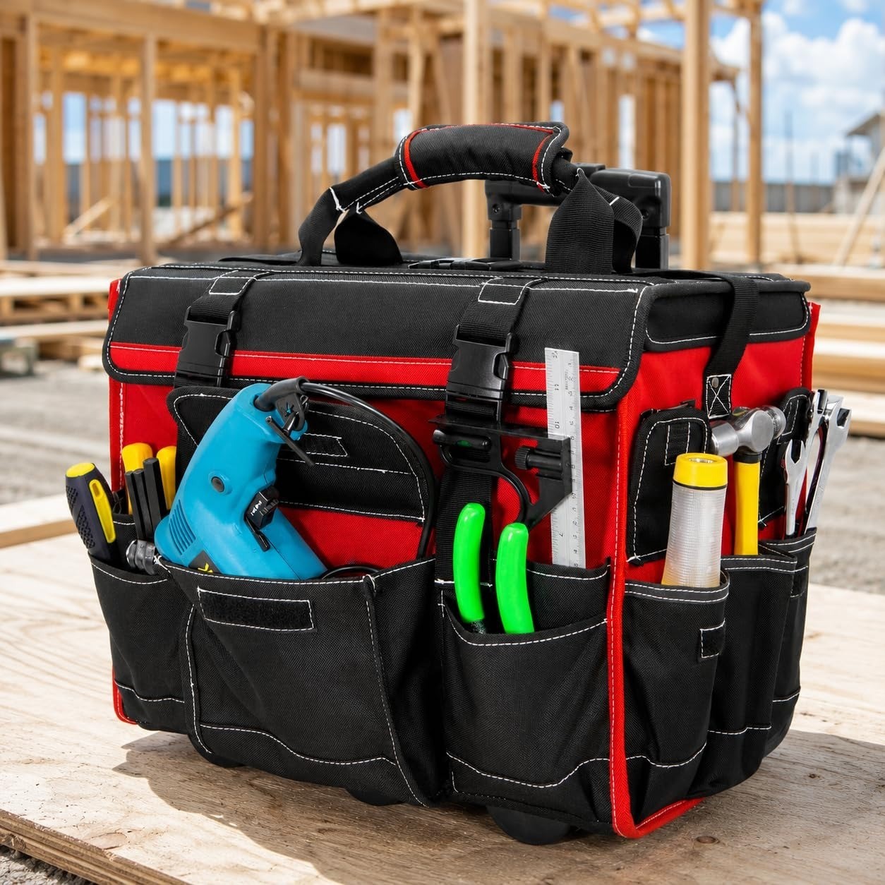XtremepowerUS Rolling Tool Bag 18in Wheeled Organizer Black Red