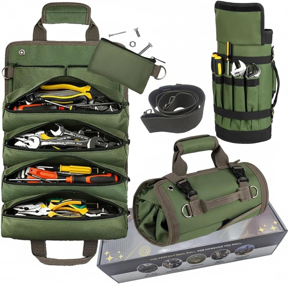 Upgraded Heavy Duty Tool Roll Up Bag Organizer with 6 Zipper Pockets – Canvas…