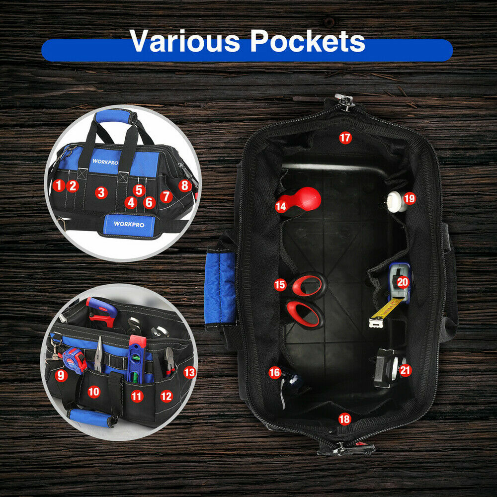 WORKPRO 16”/18″ Durable Tool Bag Wide Mouth Waterproof Heavy Duty Tool Storage