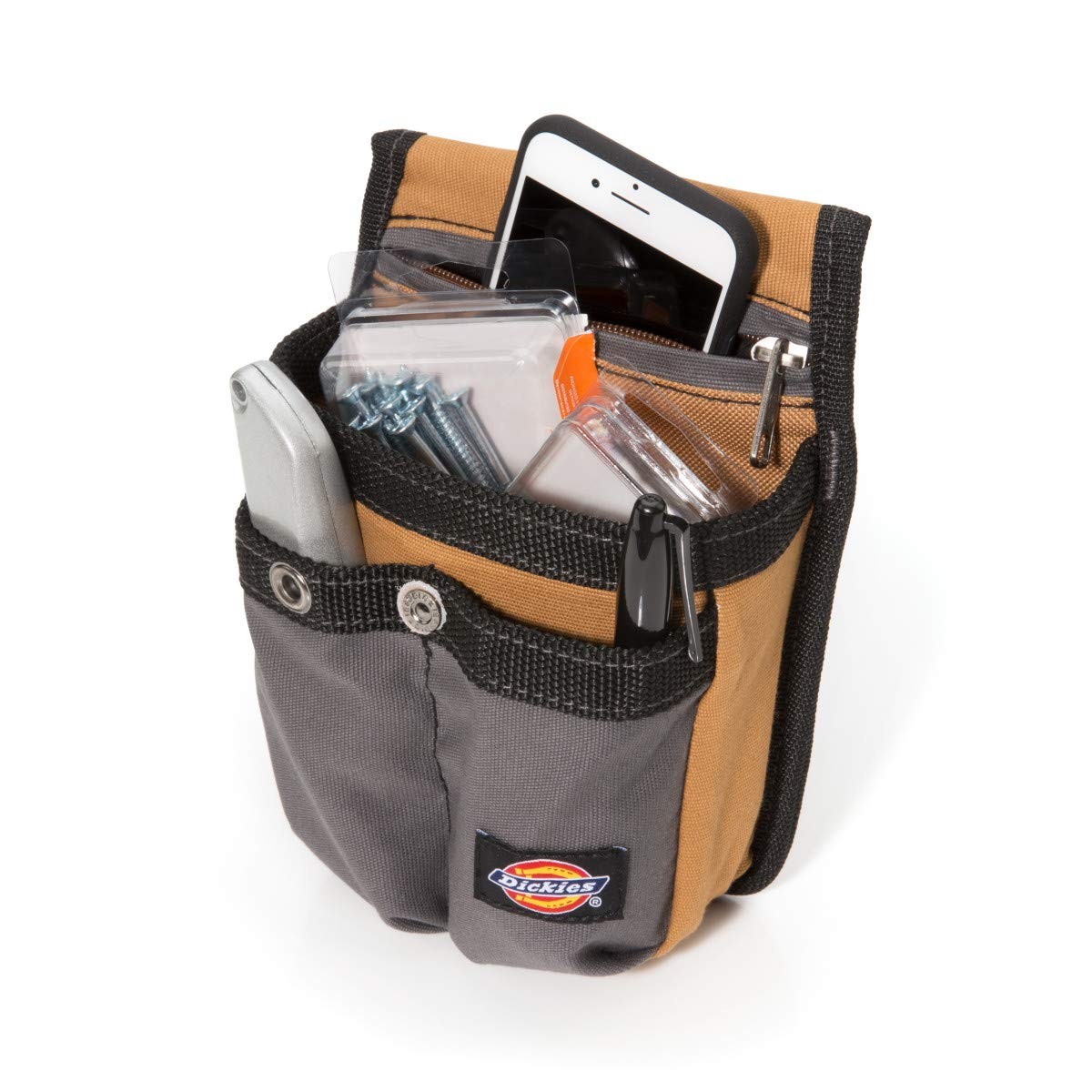 Dickies 57005 Medium Tan Canvas Tool Belt Pouch 4 Pockets Zip Pocket Carabiner