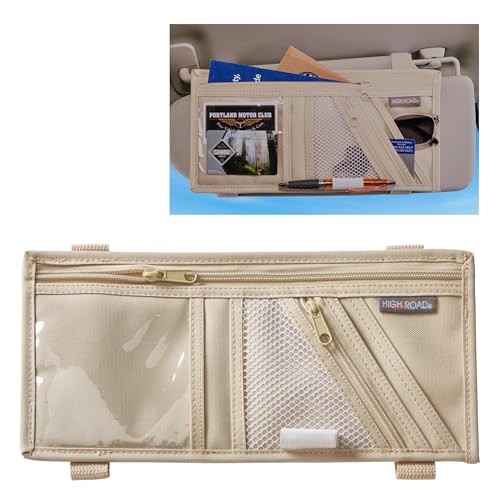 Car Visor Organizer with Zippered Pockets, Sunglasses Sleeve and Clear Tan
