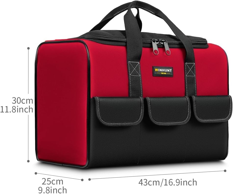 17″ Tool Bag for Men 6-Pocket Waterproof Organizer Red & Black Double Zipper